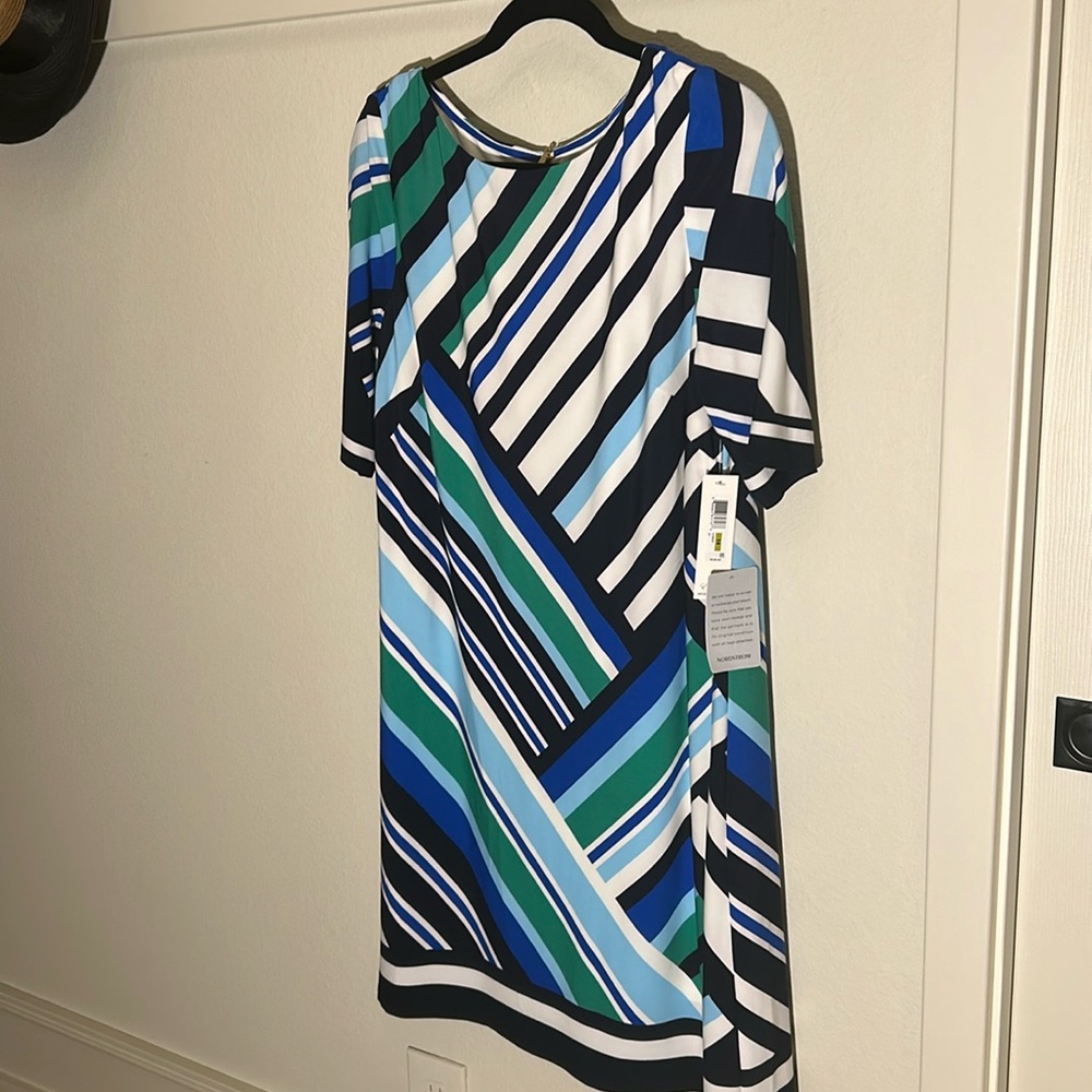 Eliza J Dress - Blue and Green Stripe gold zip NWT SIZE 14 (would fit 12-14)